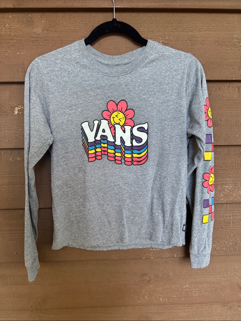 Vans Gray Long-Sleeve Tee with Pink & Yellow Floral Logo size XL (16)